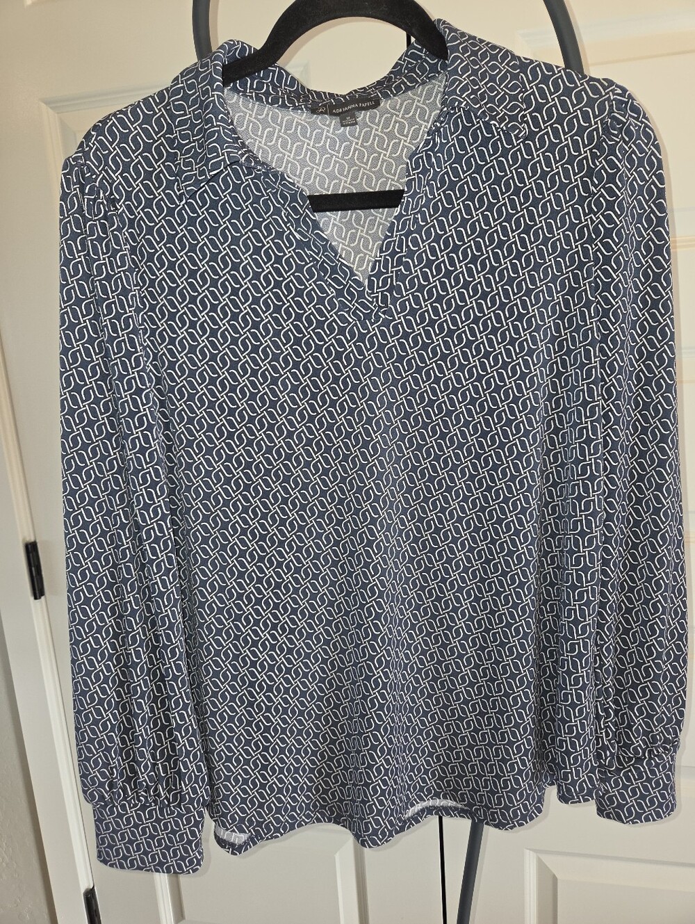 Adrianna Papell Navy and White Geometric Print Blouse